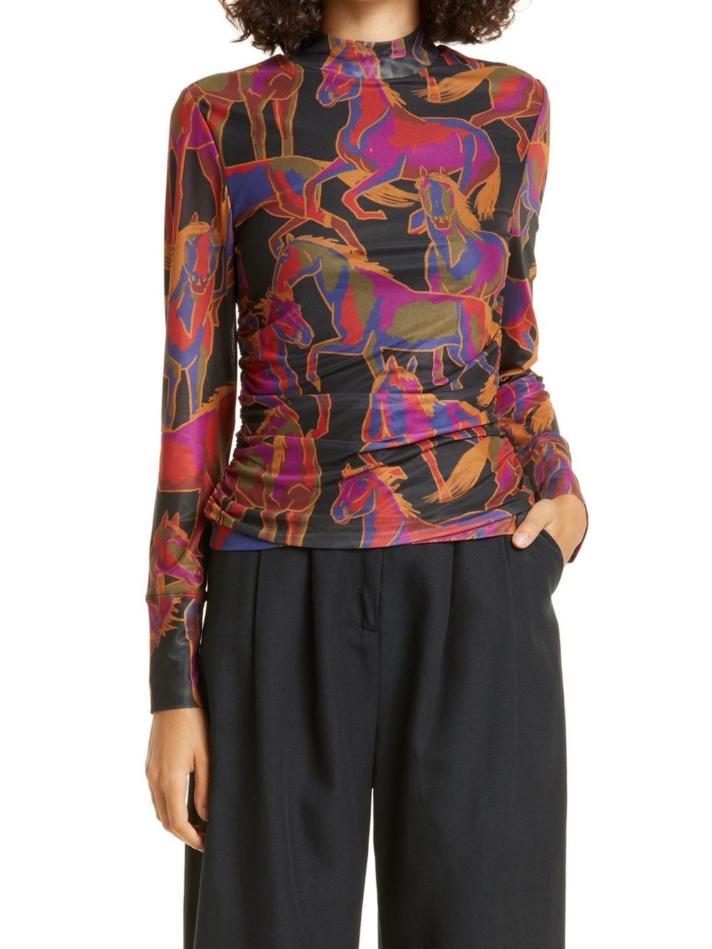 FARM Rio Black Mock Neck Top with Vibrant Horse Print